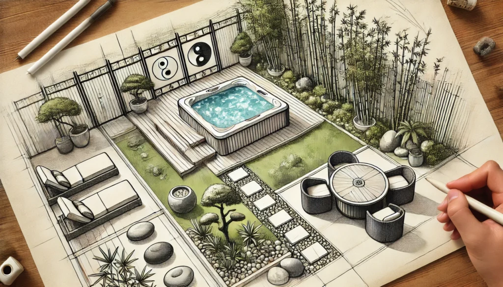 Sketch out your backyard and map where the hot tub, furniture, and decor will go for a cohesive design