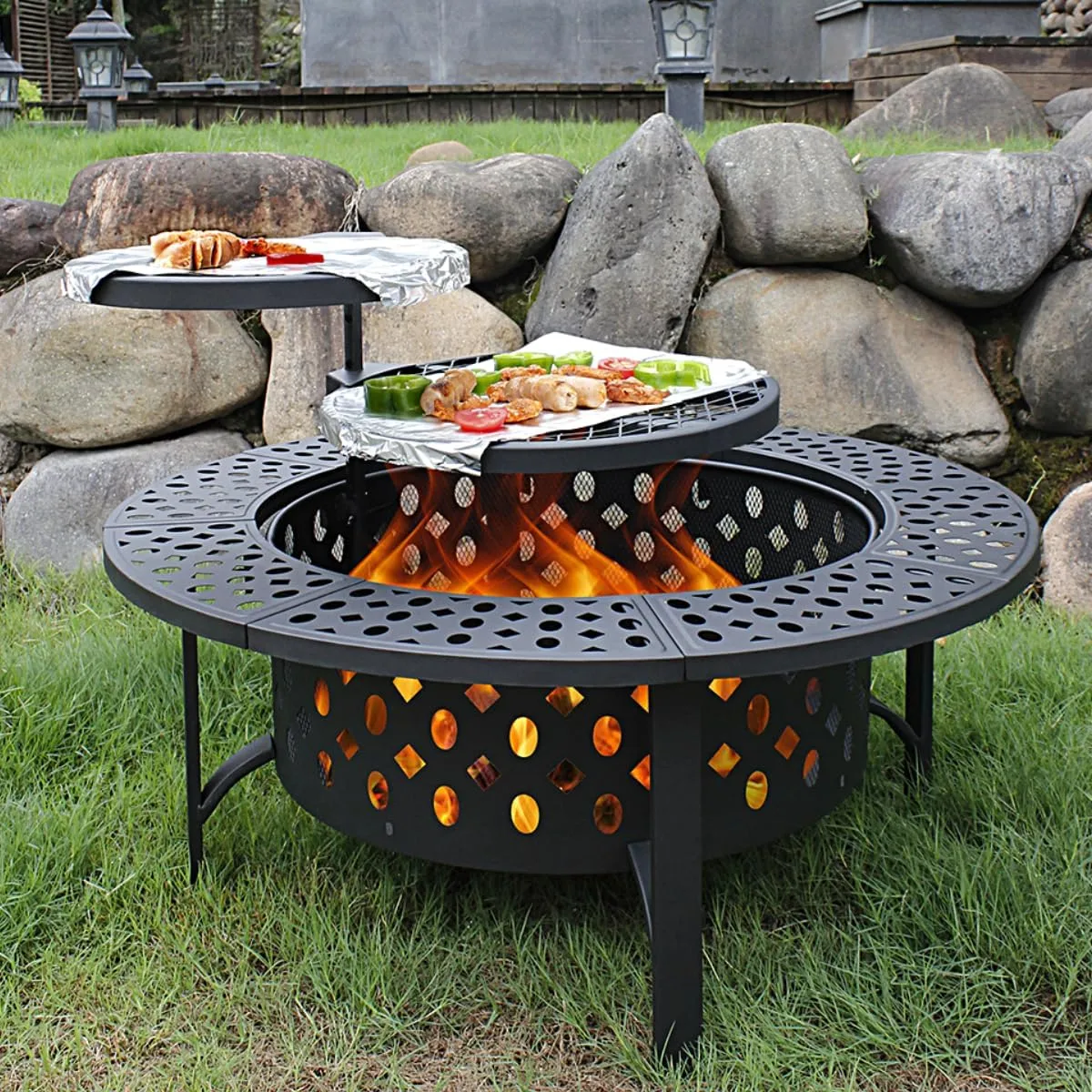 36 Inch Fire Pit with 2 Grills, Wood Burning Fire Pits for Outside with Lid, Poker and Round Waterproof Cover, BBQ& Outdoor Firepit & Round Metal Table 3 in 1 for Patio, Picnic, Party