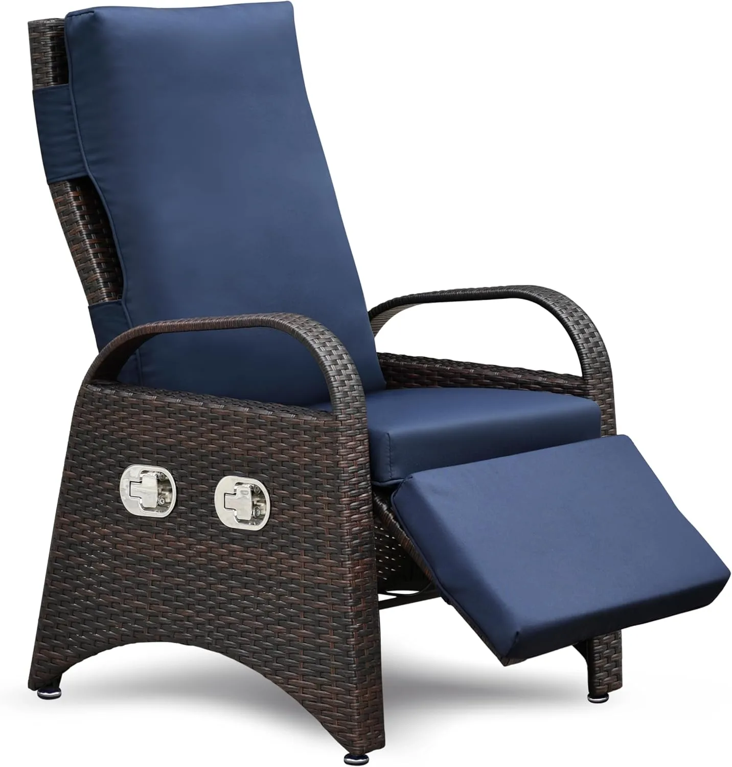 ATR ART TO REAL Set of 2 Outdoor Recliner with Headrest and Flip Table, All-Weather PE Wicker Patio Reclining Lounge Chair, Adjustable Backrest and Footrest Removable Cushion (Two Chair - Navy Blue)