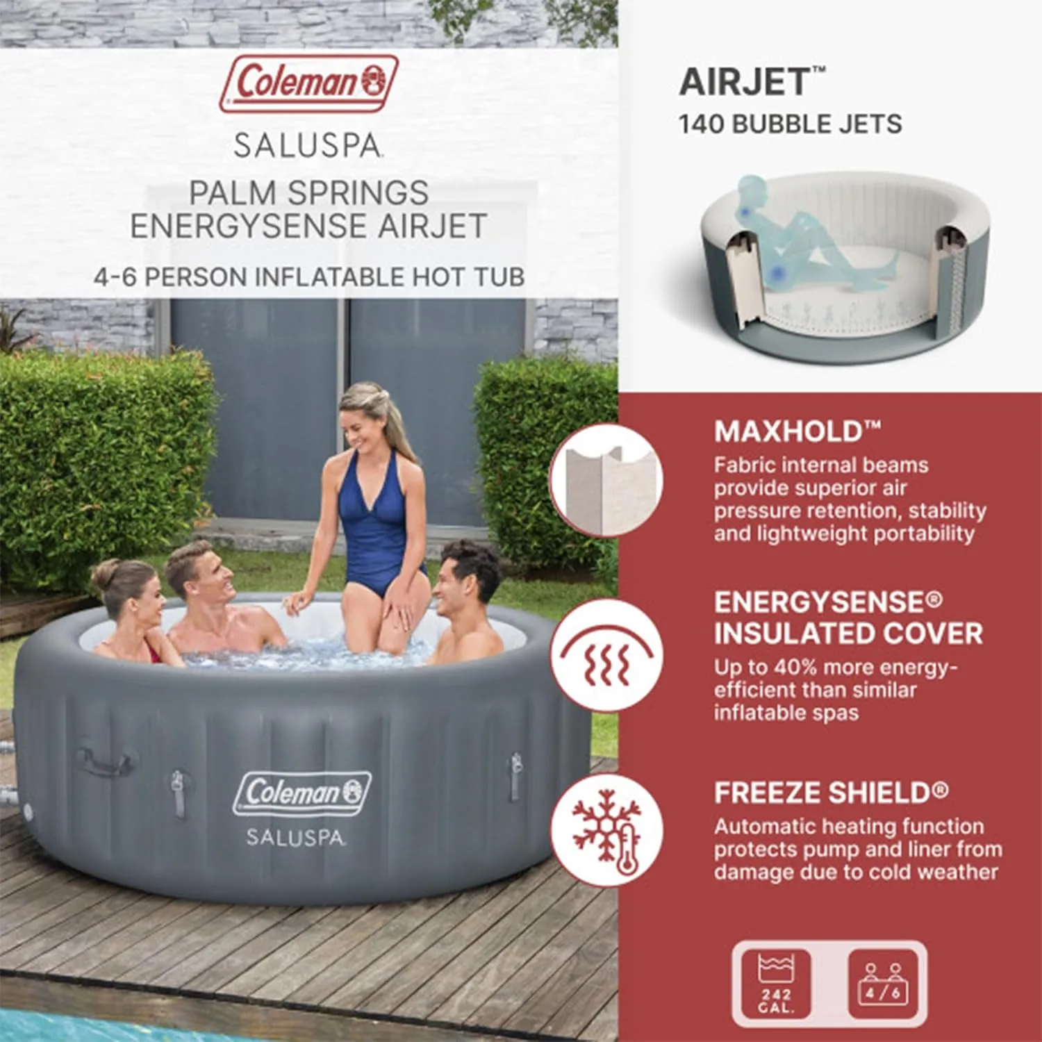 Bestway Coleman Palm Springs 4 to 6 Person EnergySense Smart AirJet Plus Inflatable Hot Tub Outdoor Spa with 140 AirJets and Insulated Cover