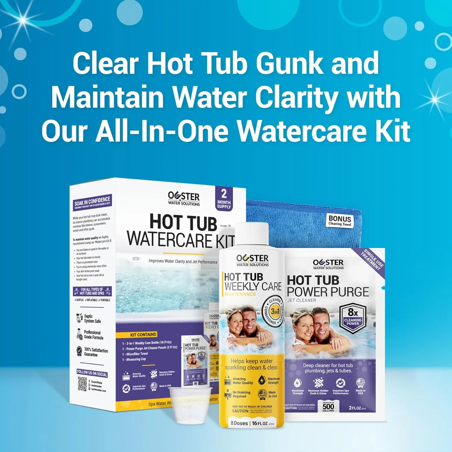 Bio Ouster Hot Tub Chemicals Kit - Hot Tub Cleaning Kit w_ 3in1 Weekly Hot Tub Cleaner, Purge, Towel, Cup - Spa Chemicals for Hot Tub, Inflatable Hot Tub Chemicals Kit, Inflatable Hot Tub Accessories