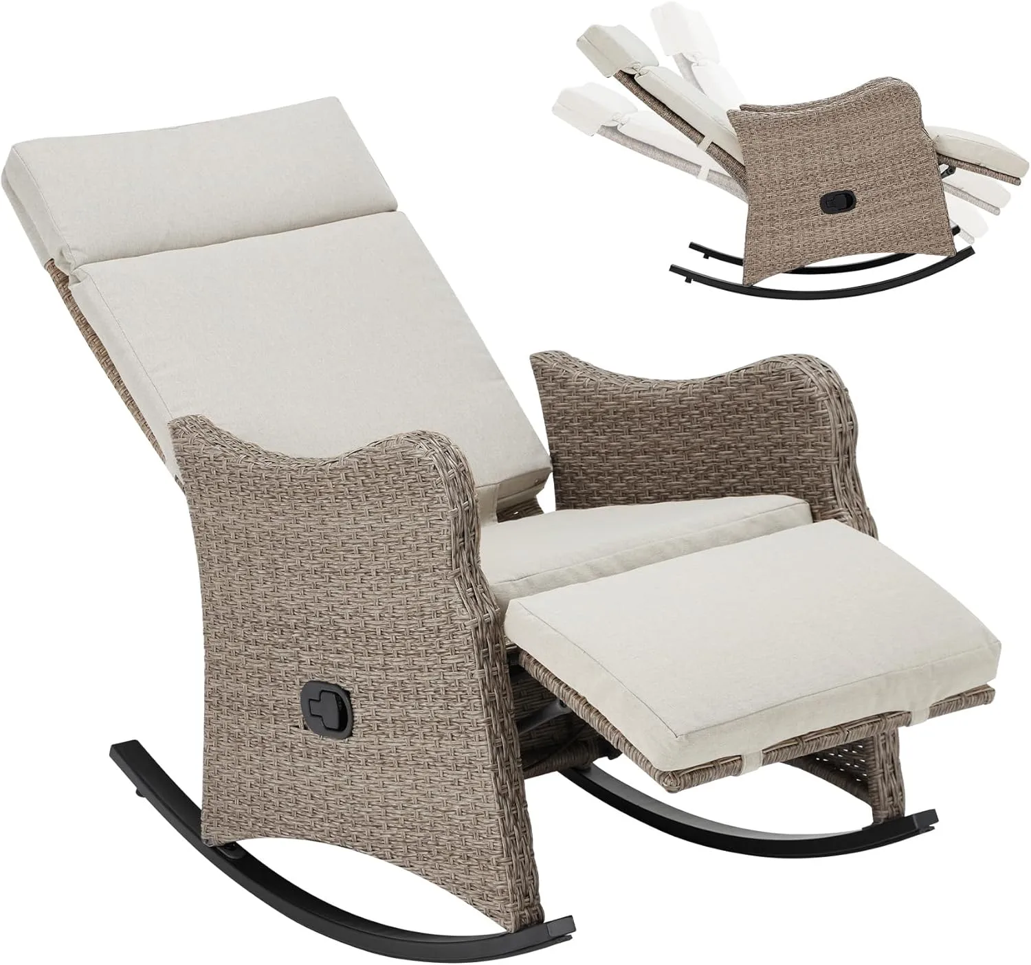 GYUTEI Outdoor Recliner Chair, Wicker Reclining Lounge Chair with Extended Footrest, Adjustable Balcony Chair with Thickened Removable Cushion for Patio Garden, Light-Grey