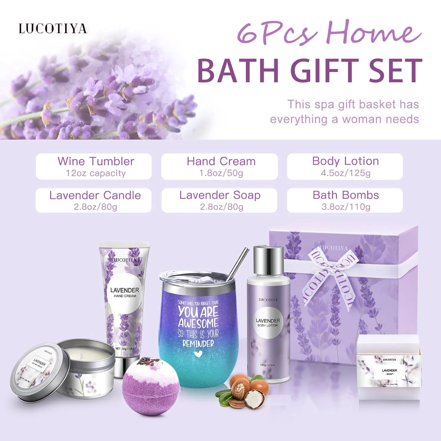 LUCOTIYA Gifts for Women, Birthday Gifts for Women Spa Gifts Baskets for Women Bubble Bath and Body Gifts Set for Women Lavender Gifts for Mom Her Female Sister Mother Teacher Wine Tumbler Purple Gifts