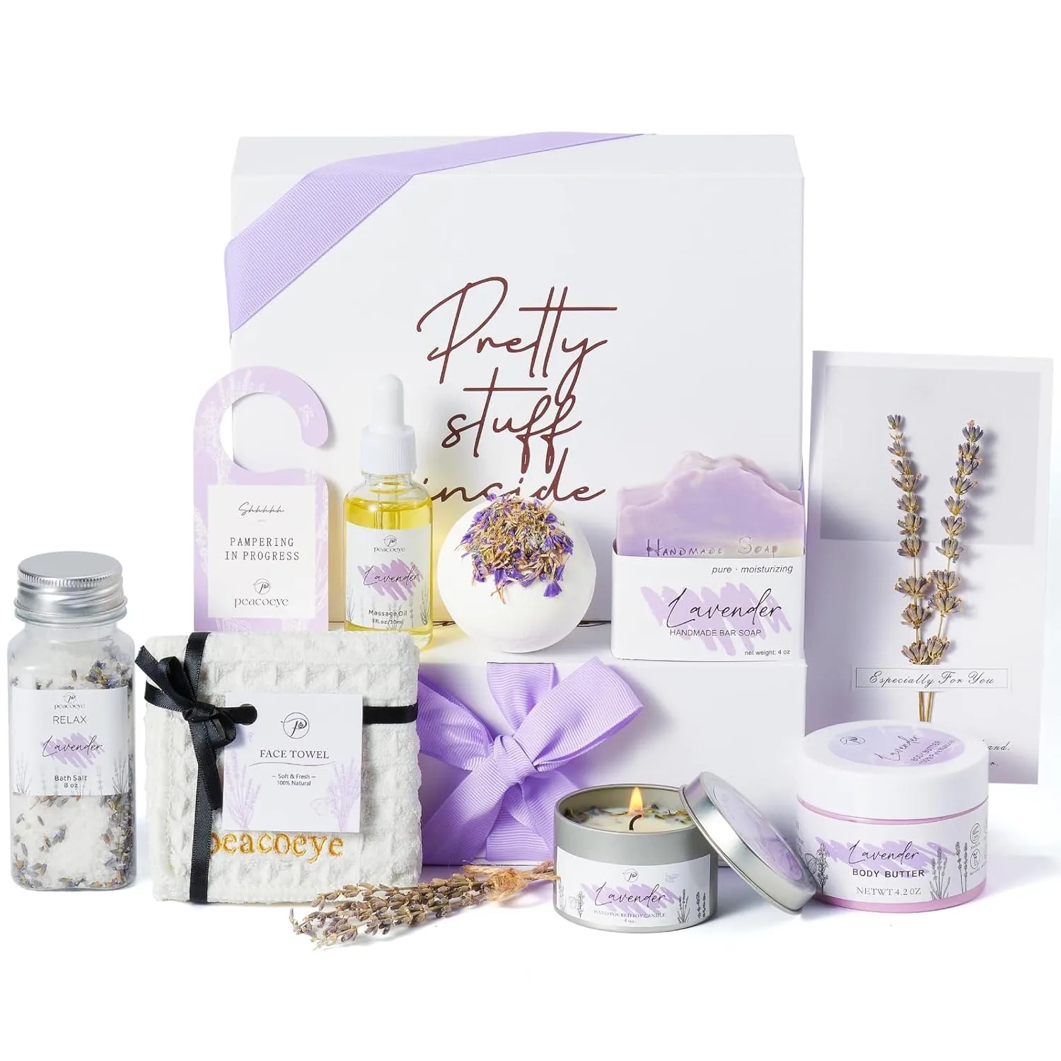 Peacoeye Gifts for Women Spa Lavender Bath Gift Baskets Valentines Day Gifts Relaxing Self Care Gift for Mom Her Sister Wife Auntie Home Bath Kit Care Package Birthday Friendship Gift Ideas