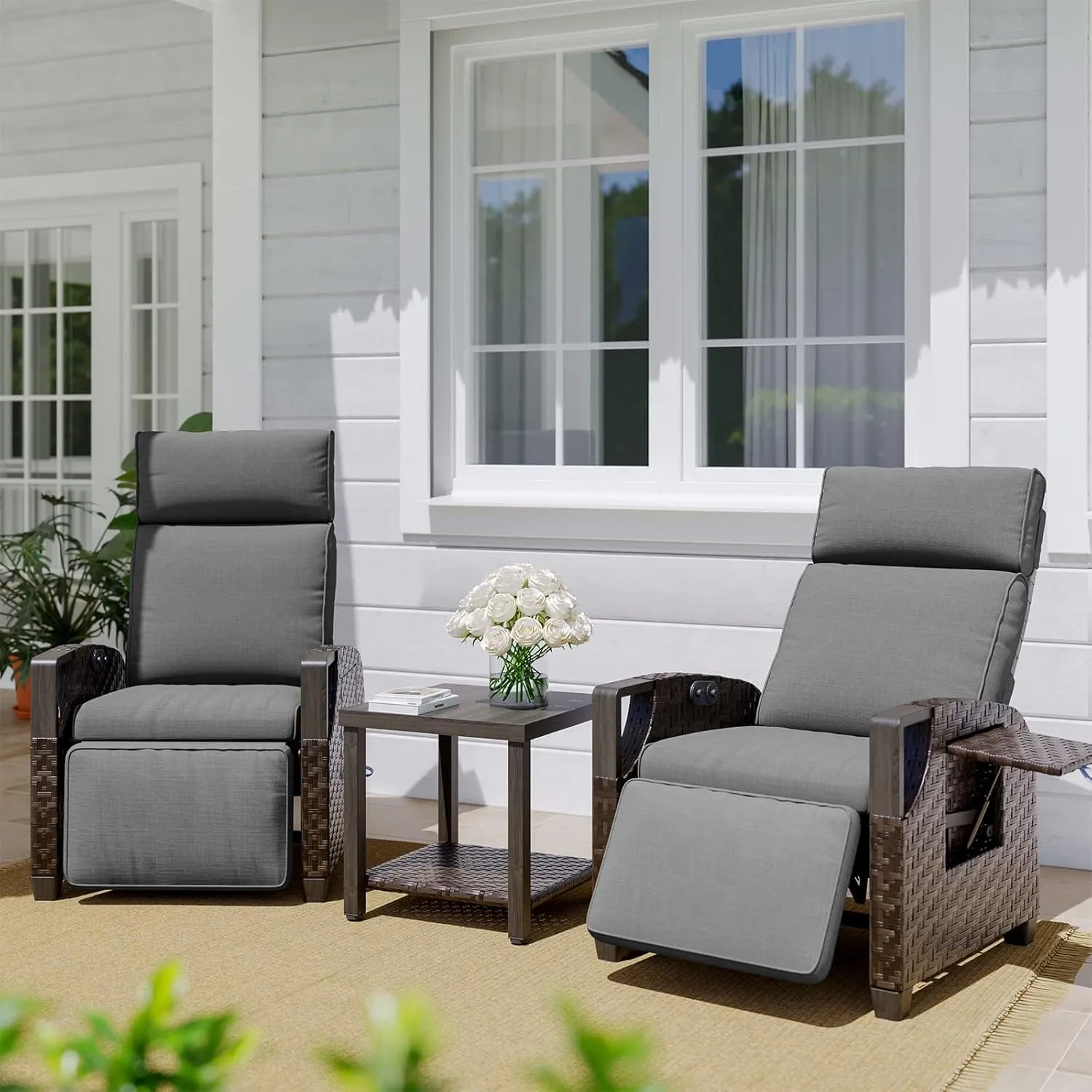 Grand patio Outdoor Recliner with Coffee Table 3-Piece Set 150° Lay Flat with Independent Adjustable Back and Footrest Removable Olefin Cushion Flip-Up