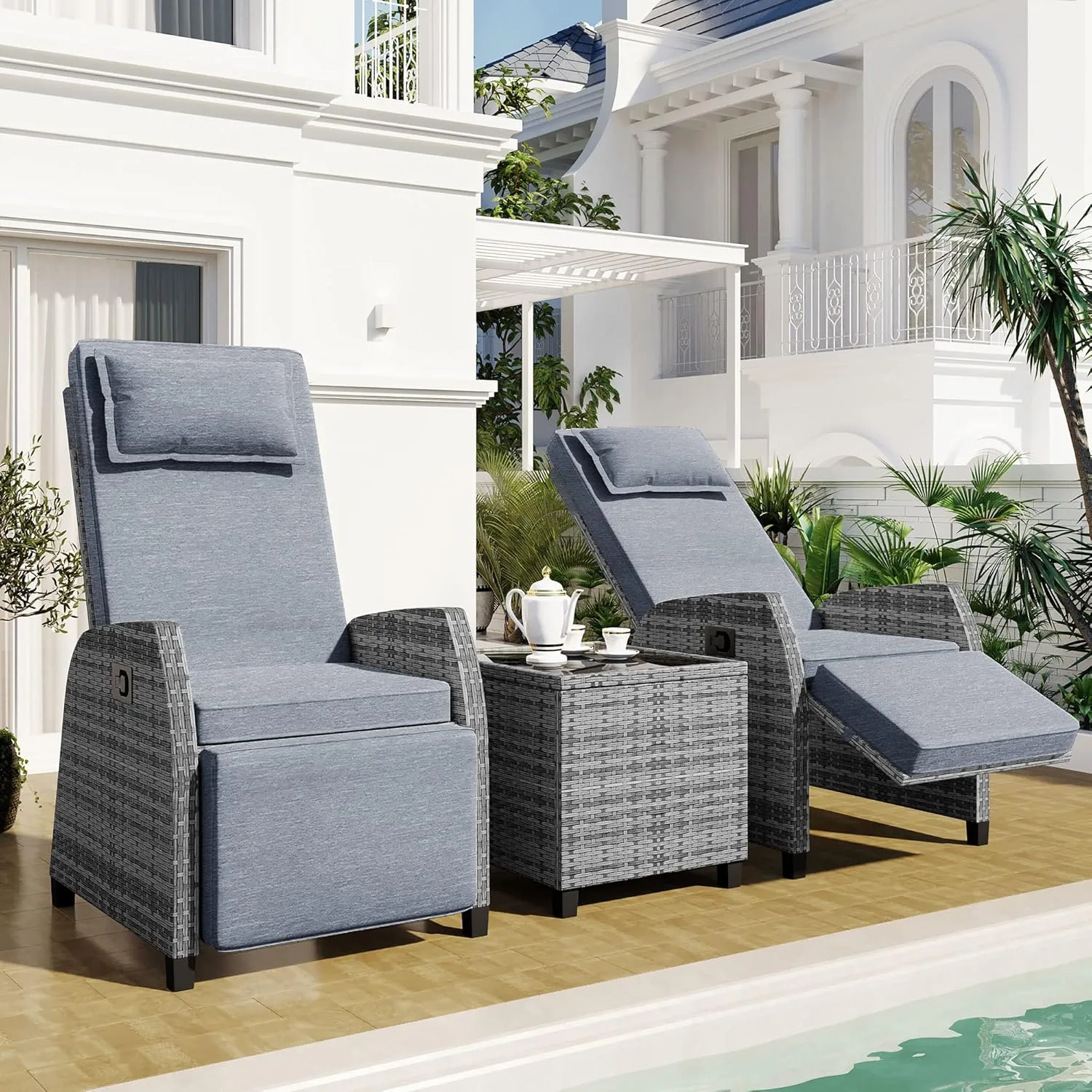 QKFF Outdoor Recliners Chair Set of 2 for Patio with Wicker Coffee Table, Comfort Cushion, Adjustable Angle Weatherproof Reclining Chairs for Courtyard