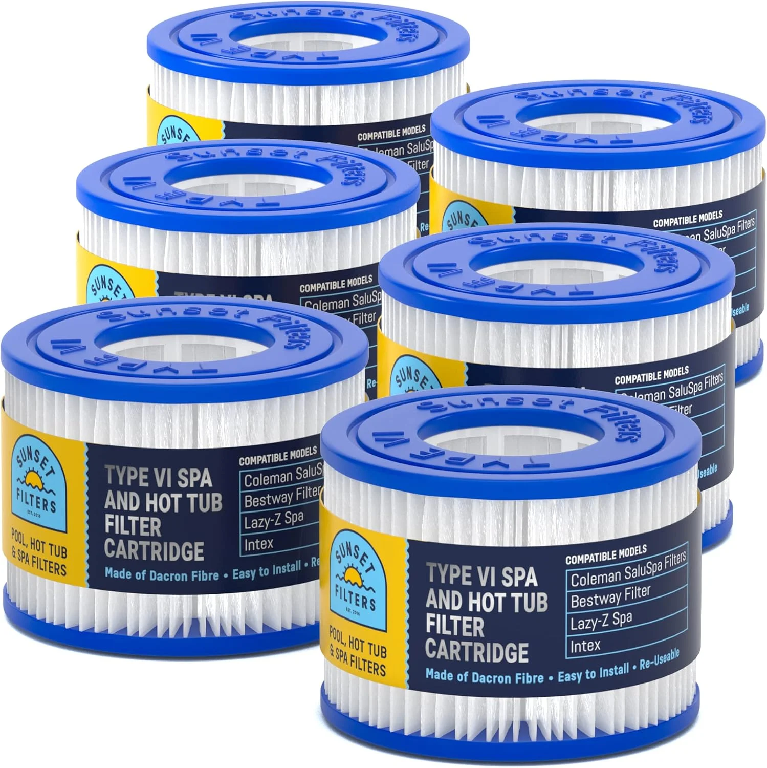 SUNSET FILTERS Type VI Spa and Hot Tub Filter Replacement Cartridge - for Coleman SaluSpa Hot Tub Filters, Bestway Filter, Lay-Z Spa, Intex, S1 Filter Replacement, Spa Filter Replacement (6-Pack) SUNSET FILTERS Type VI Spa and Hot Tub Filter Replacement Cartridge - for Coleman SaluSpa Hot Tub Filters, Bestway Filter, Lay-Z Spa, Intex, S1 Filter Replacement, Spa Filter Replacement (6-Pack)