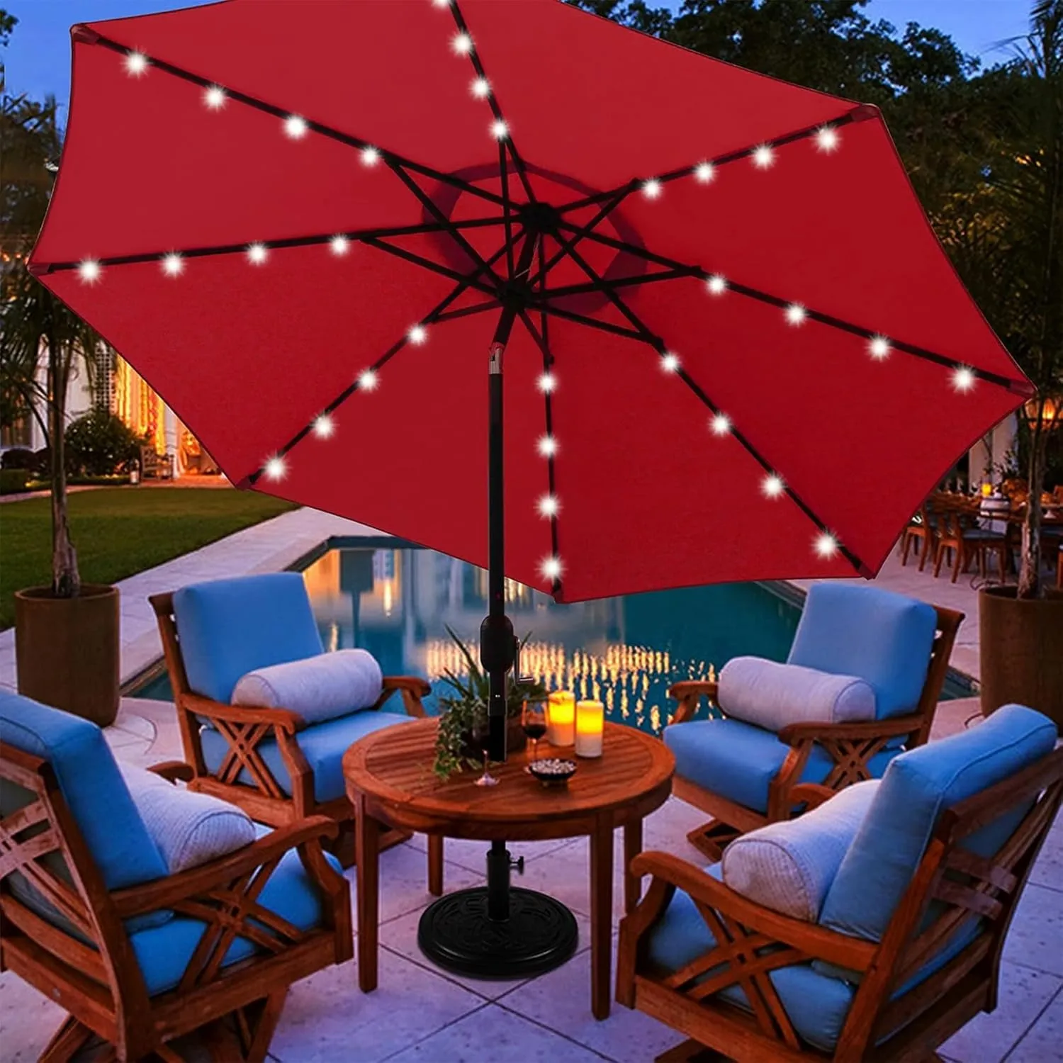 Blissun 9 ft Solar Umbrella, 32 LED Lighted Patio Umbrella, Table Market Umbrella, Outdoor Umbrella for Garden, Deck, Backyard, Pool and Beach Blissun 9 ft Solar Umbrella, 32 LED Lighted Patio Umbrella, Table Market Umbrella, Outdoor Umbrella for Garden, Deck, Backyard, Pool and Beach